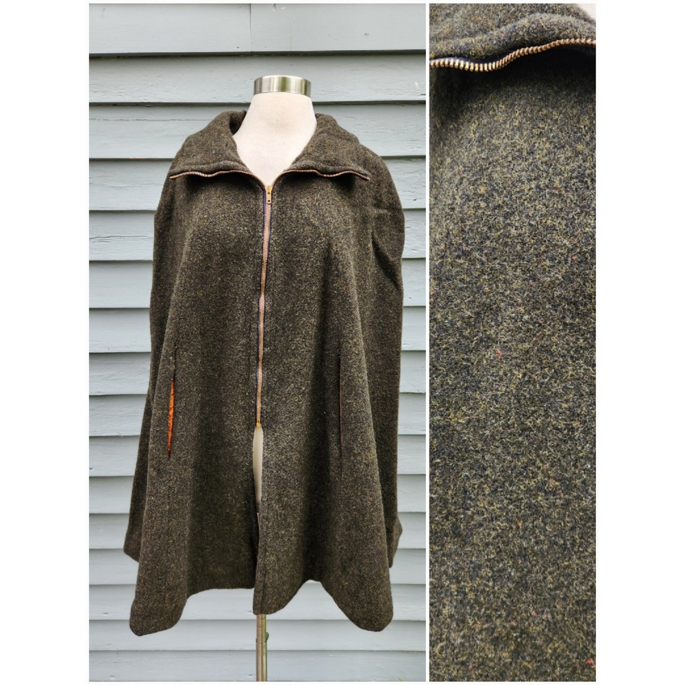 Vintage Wool Cape‎ Poncho Olive Green Zip Front Orange Lining OS